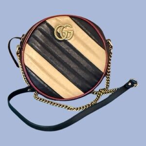 GUCCI GG Marmont Round Shoulder Bag Black and Beige Matelassé Leather Gold Chain